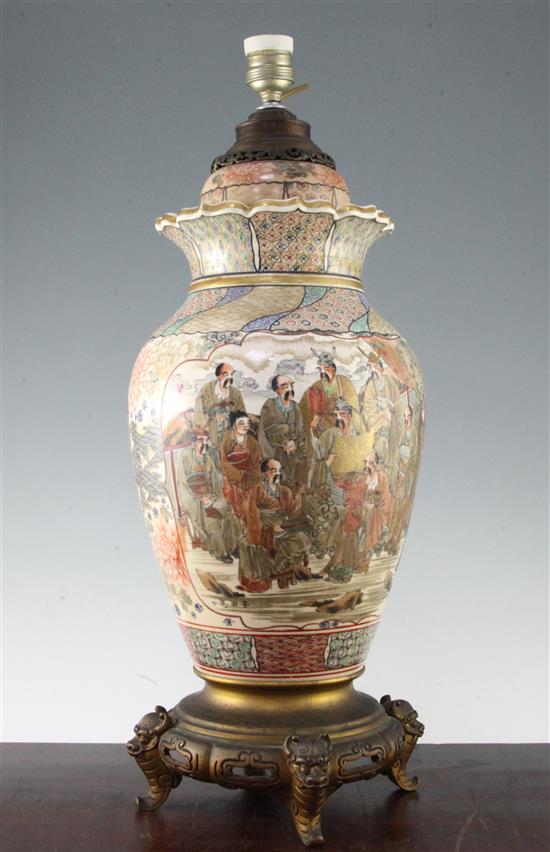 A Japanese Satsuma pottery lamp base, late 19th / early 20th century, 57.5cm incl. bulb fitting